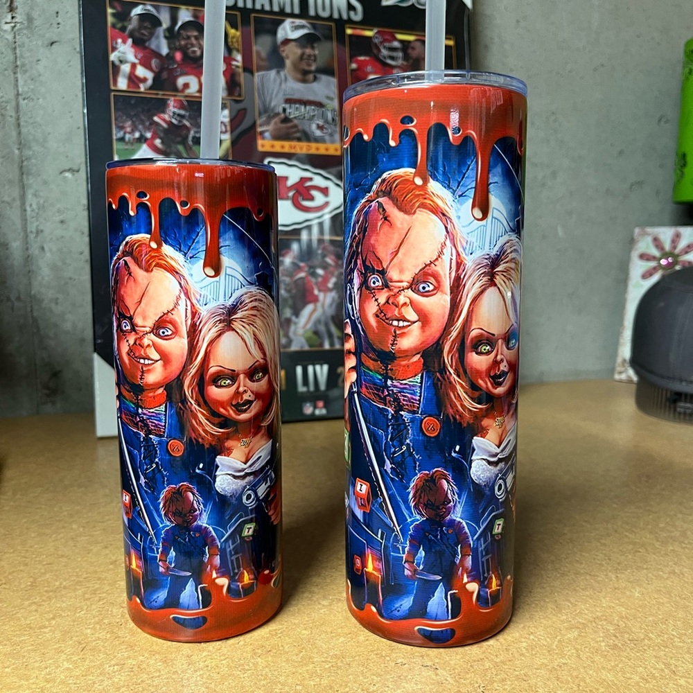 Chucky Horror-Themed Tumbler Set - chucky and Tiffany bloody tumbler